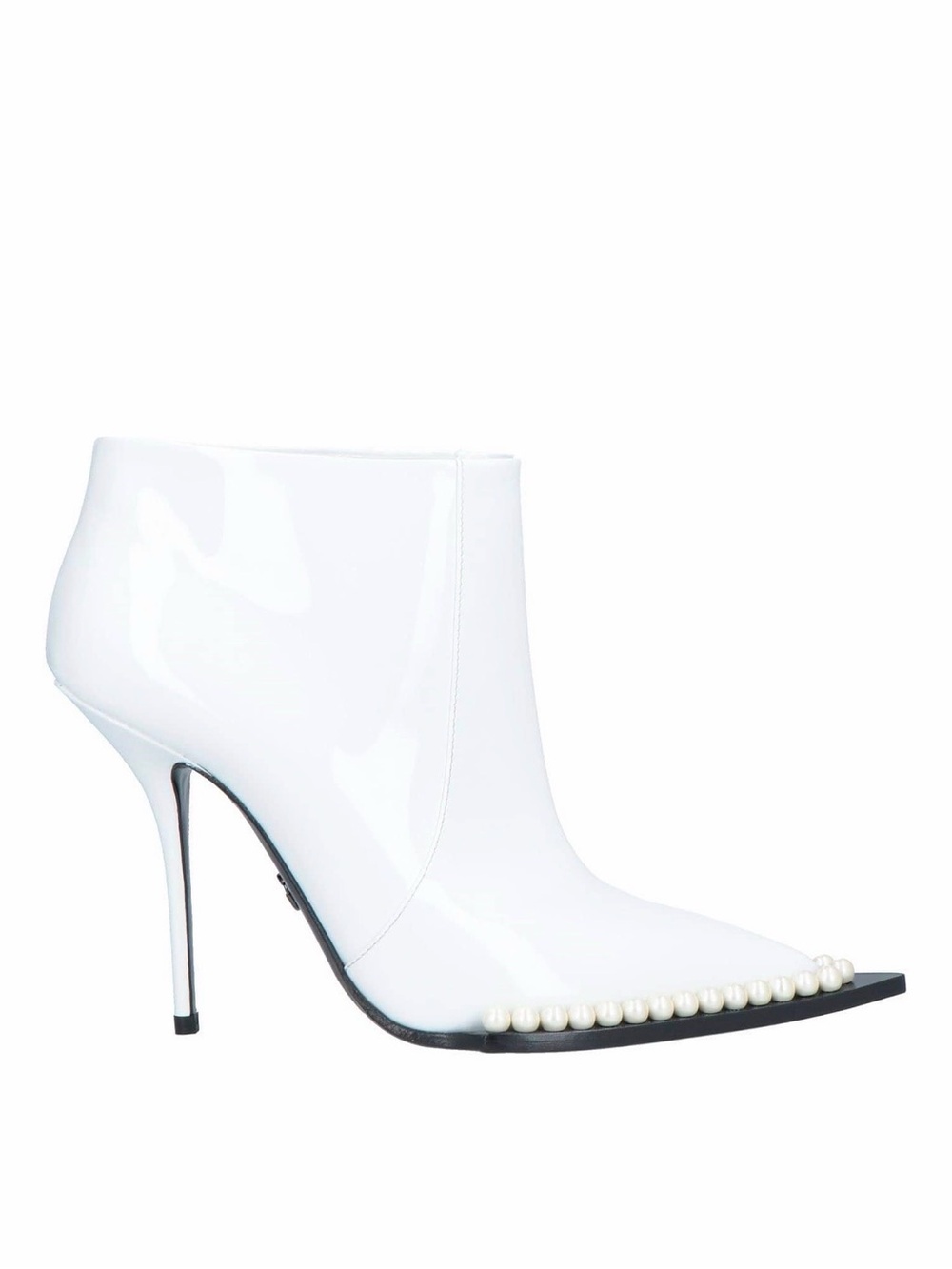 Dolce & Gabbana White Patent Pearl-Trim Stiletto Ankle Bootie